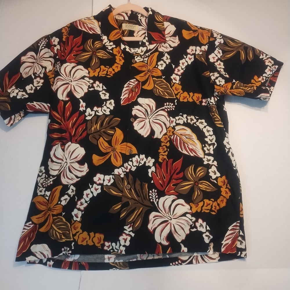 Newt Made In USA Floral Men's  Black Cotton Hawaiian Shirt Large